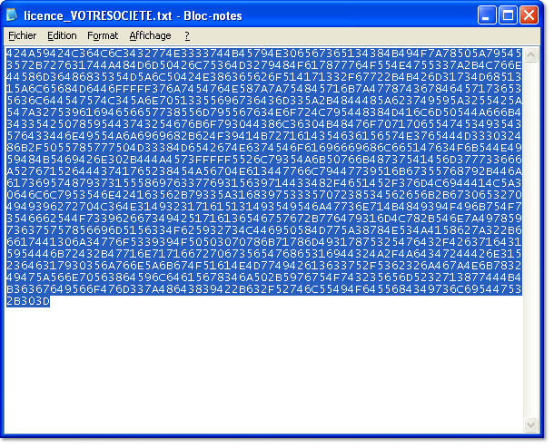 La licence en surbrillance dans le bloc-note
